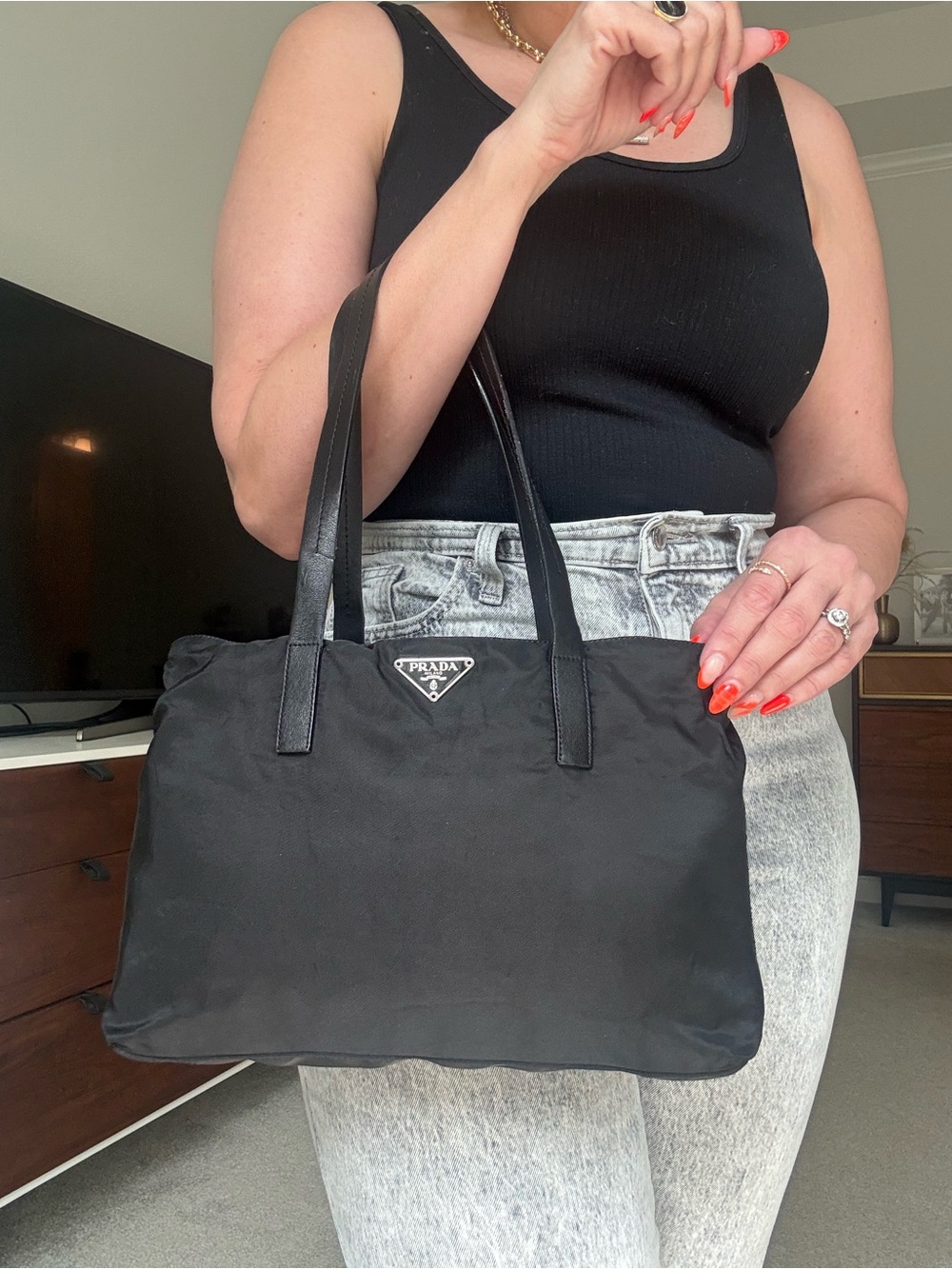Prada Black Nylon Vella Sport Tote with Leather Straps